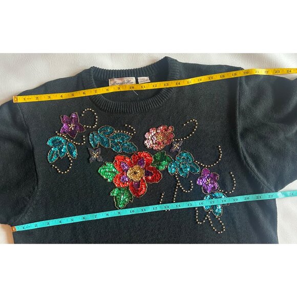Vintage Womens Lg (estimated) Sweater Black Sequin Floral 80s Old Money - Picture 7 of 8